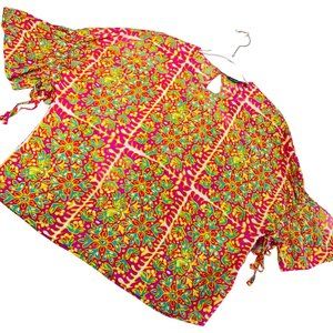 MARIMEKKO Womens 40 Jade Simbad Retro Floral Boho Tie Dye Tie Sleeve Blouse